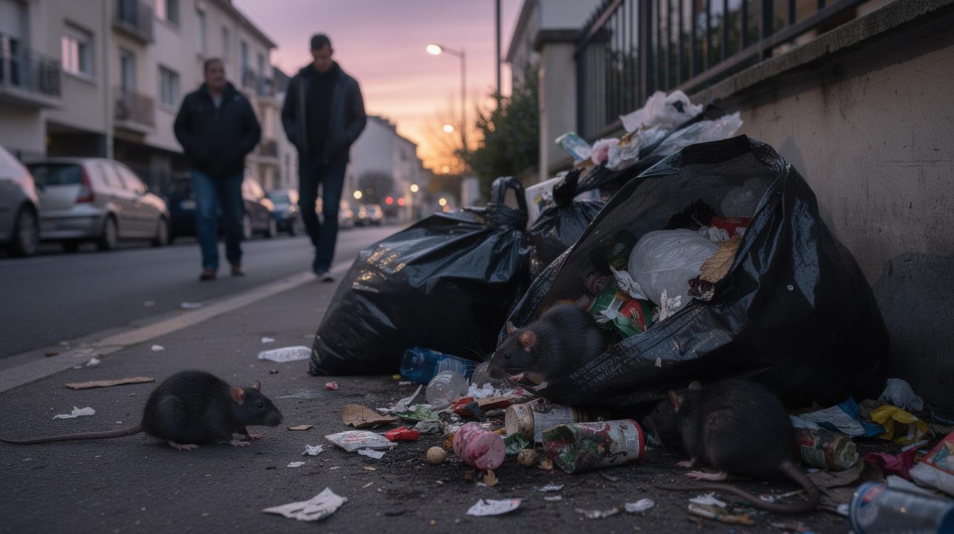 Des sacs-poubelle éventrés débordent sur un trottoir de Rosny-sous-Bois, attirant plusieurs rats au crépuscule, tandis que des passants regardent la scène d’un air désabusé.