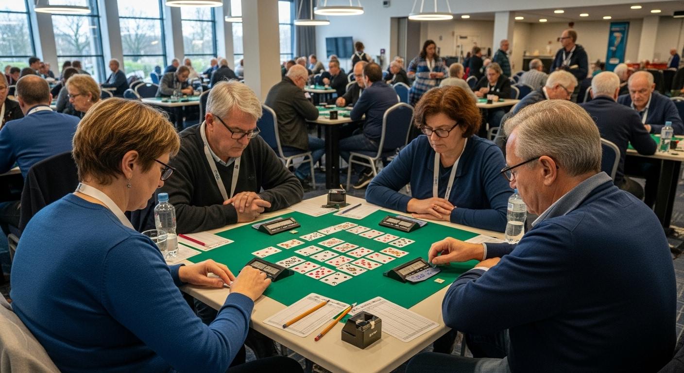 Quatre joueurs de bridge autour d'une table, concentrés, observant attentivement les cartes posées au centre, dans une salle de tournoi animée.