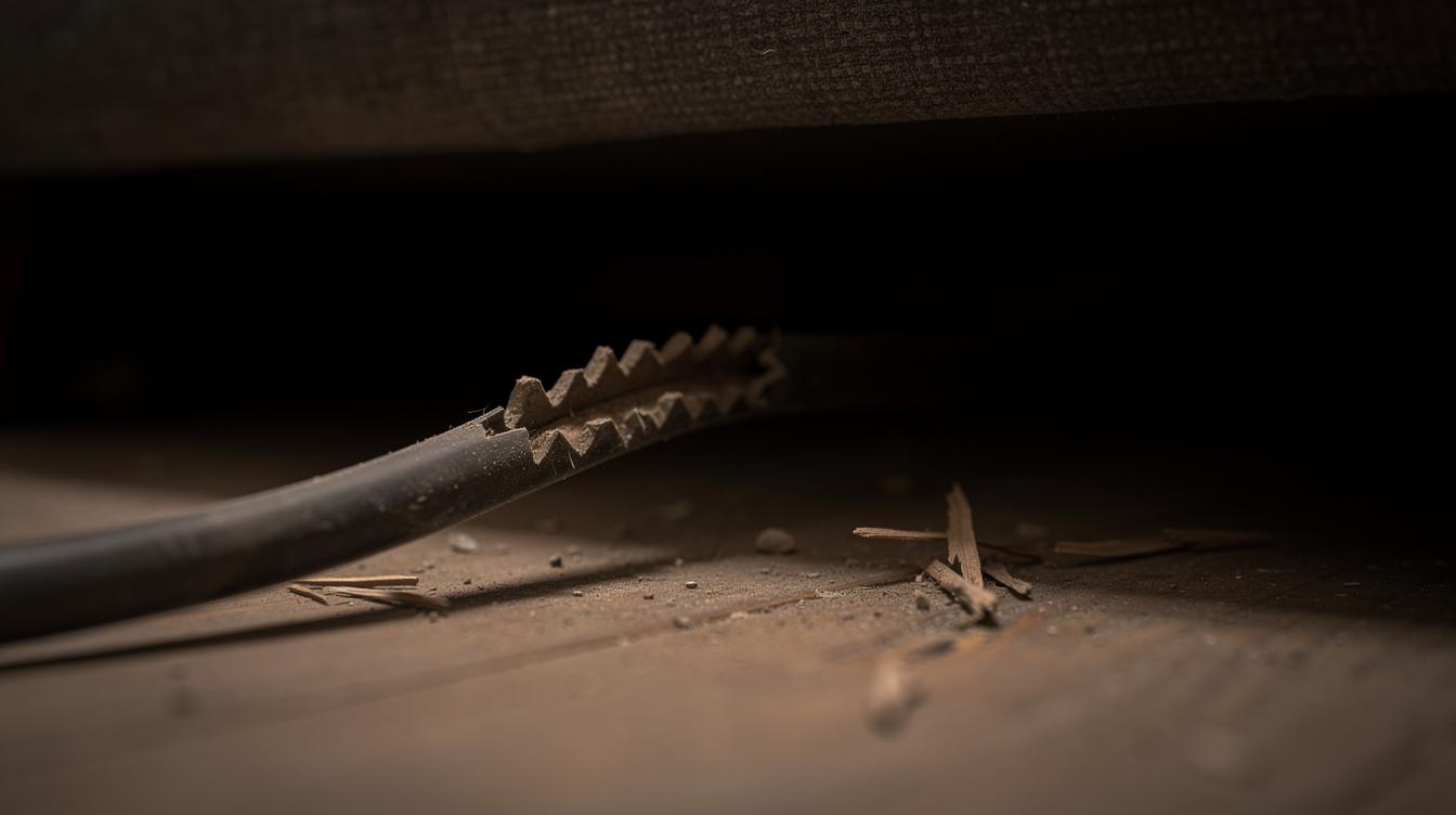 Un câble électrique entaillé et des traces de grignotage visibles sous un meuble dans une pièce faiblement éclairée, accentuant le sentiment d'intrusion.