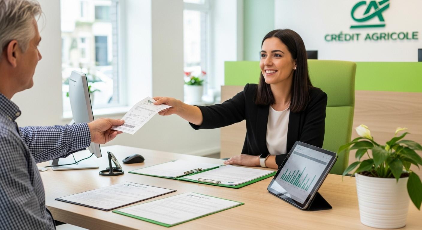 Un client tend une facture et un acte de vente à un conseiller Crédit Agricole derrière un bureau, des documents officiels posés à côté, dans un cadre d’agence moderne et lumineux.