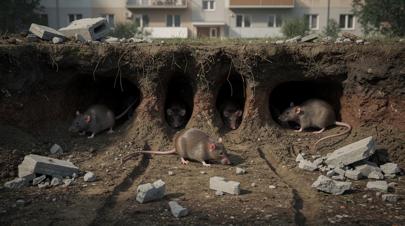 Des rats bruns creusant des galeries sous un immeuble résidentiel, avec des traces visibles dans la terre et quelques gravats déplacés.