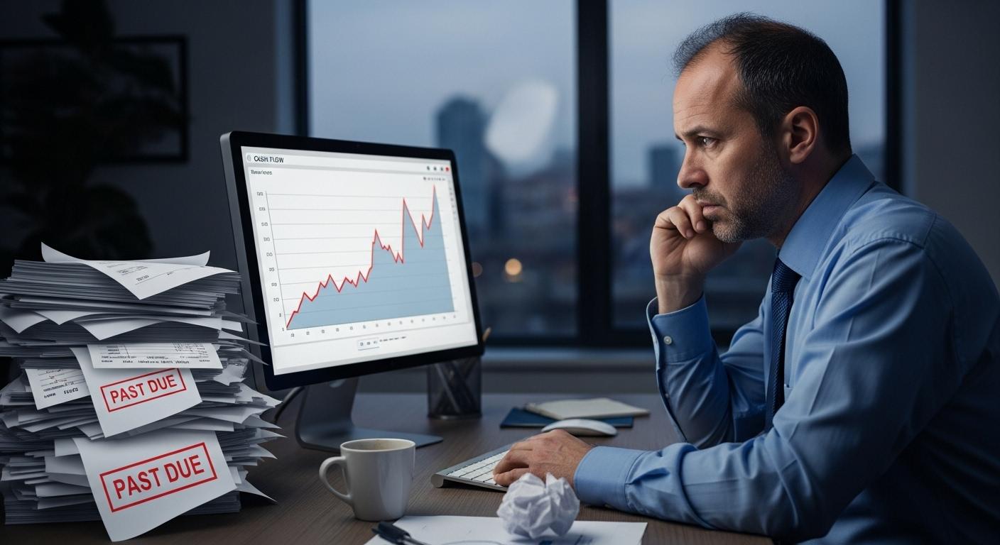Un chef d'entreprise assis à son bureau, regard préoccupé, observant un écran d'ordinateur affichant un graphique de trésorerie en baisse et des factures impayées empilées sur le côté.